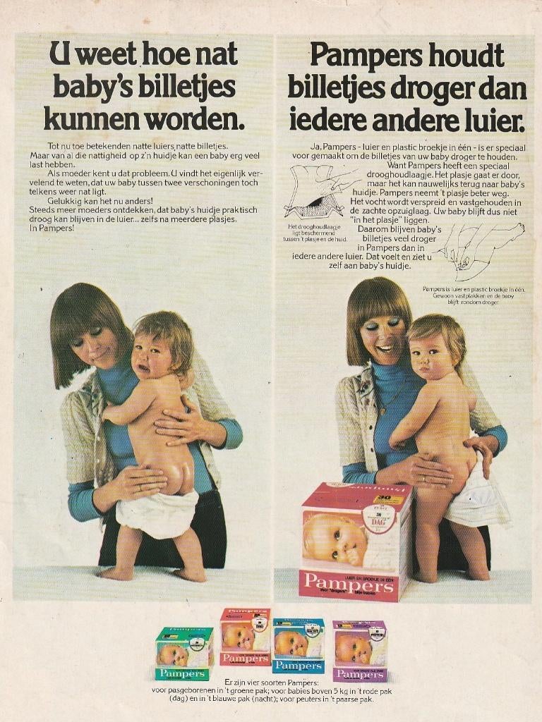 Retro reclame 1976 Pampers baby luiers nu ook rood pak, Verzenden, Overige typen