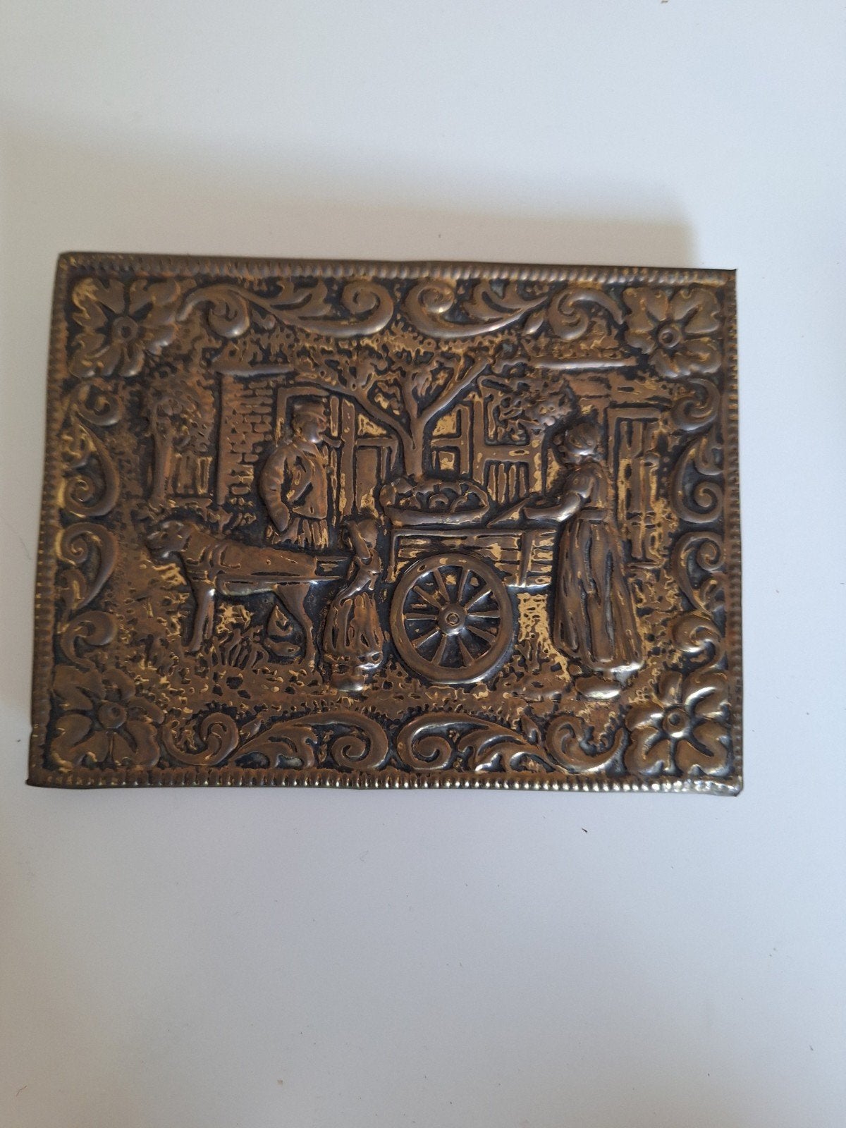 Antiek Koperen Plaquette met Dorpsscène, Ophalen