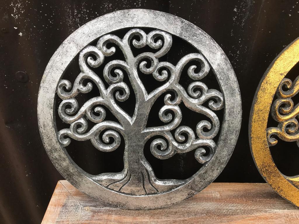 Levensboom houtsnijwerk voor aan muur uit bali indonesie, 29 cm, Verburgt Vintage, Oosters, Zilver