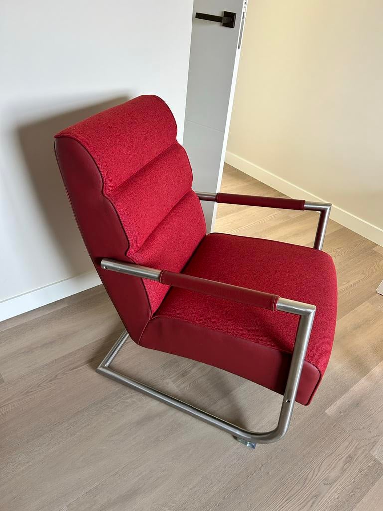 2 Fauteuils Bordeauxrood Stof/Leer, Ophalen, Zo goed als nieuw, Leer, 75 tot 100 cm