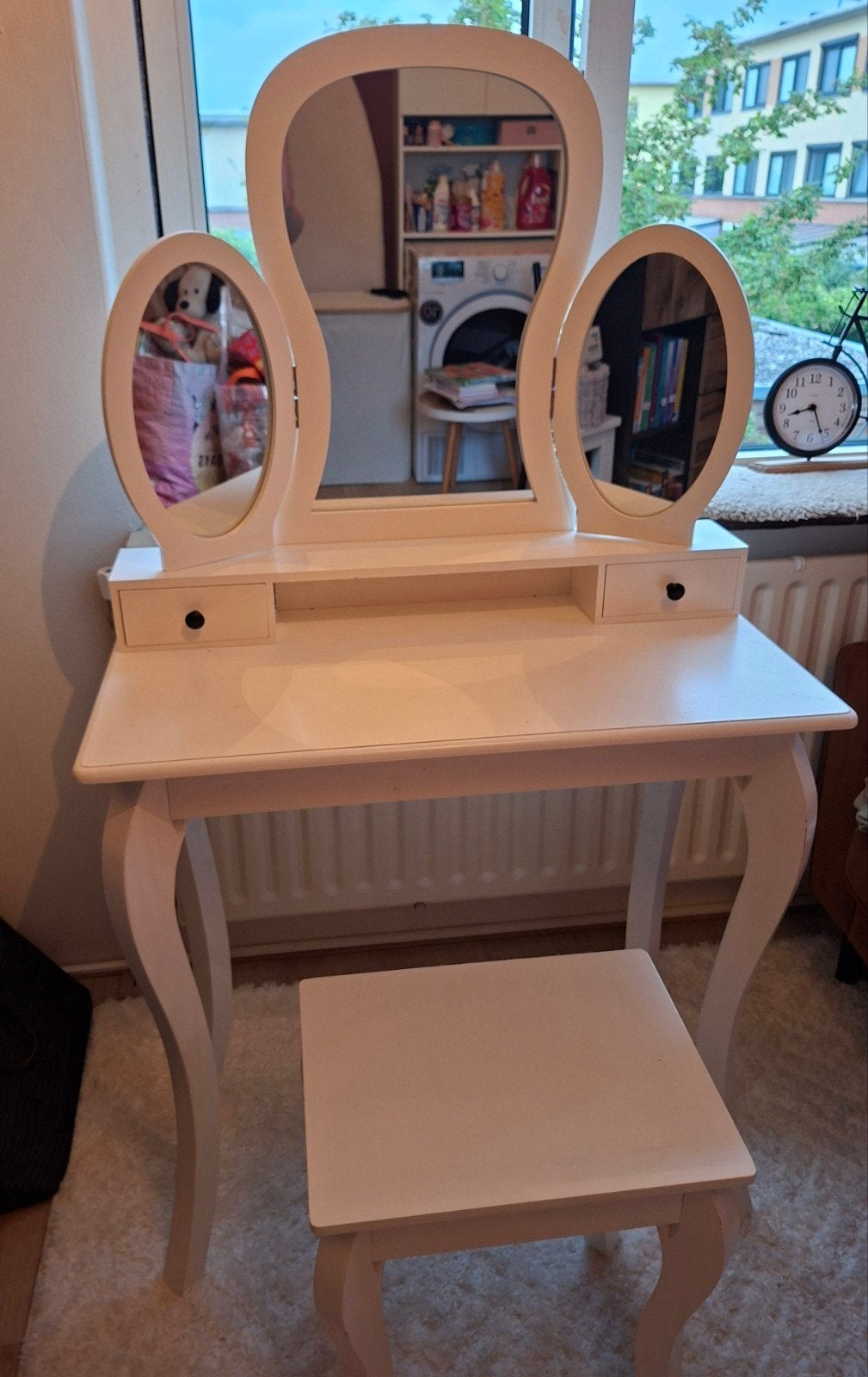 Witte kaptafel met spiegel en krukje, Gebruikt, 100 tot 150 cm, Klassiek, Romantisch, Hout