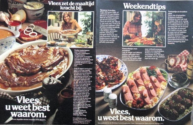9 vintage advertenties reclames Vlees 1975-80, Ophalen of Verzenden, Gebruikt, Overige typen