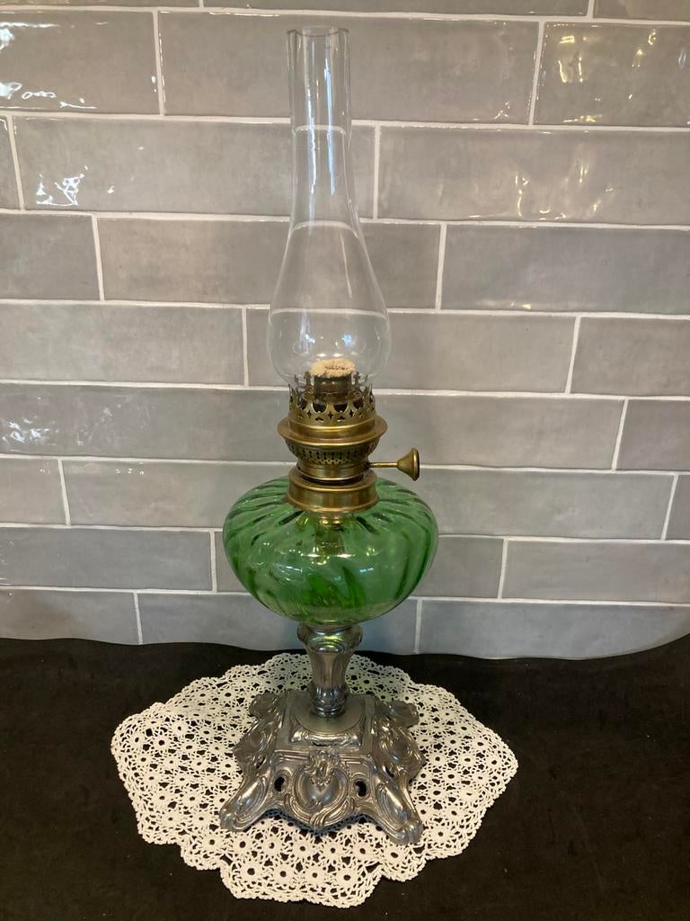 Antieke Brenner olielamp met groen glas (300326c), Antiek en Kunst, Antiek | Lampen, Ophalen of Verzenden