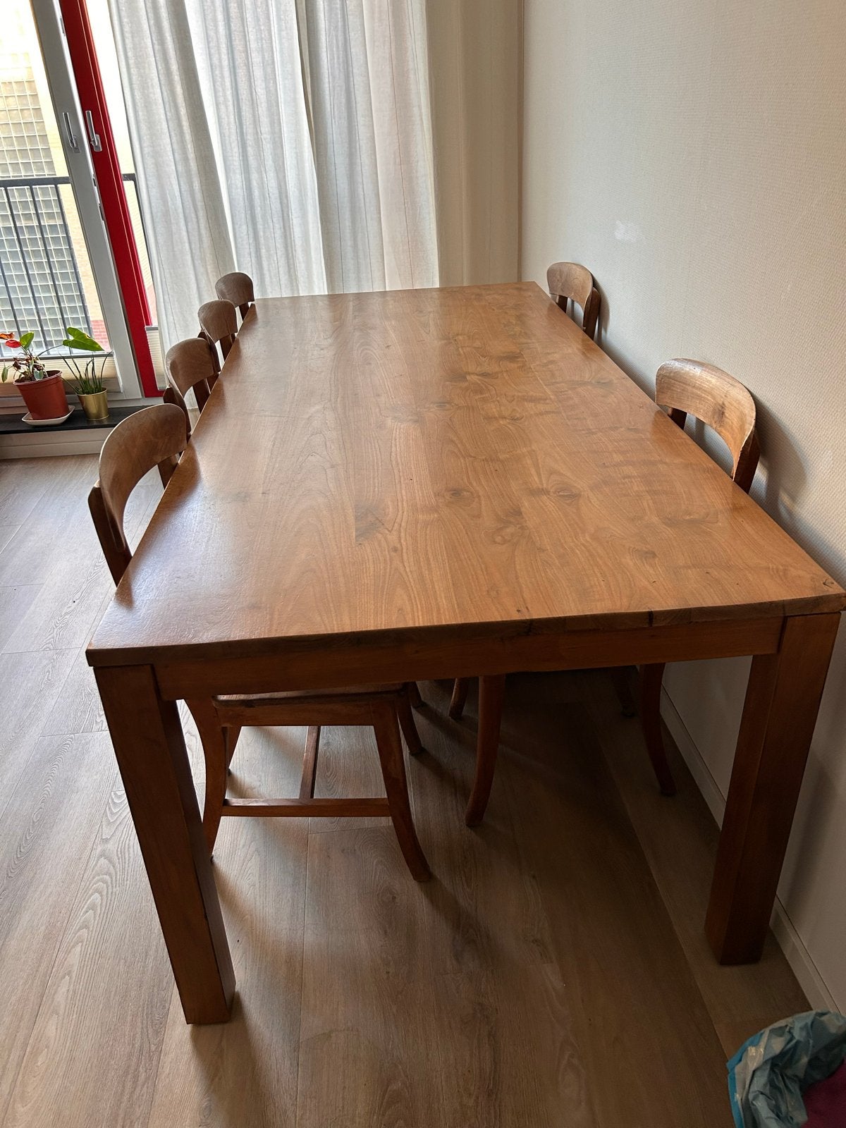 Massief houten eettafel 220x100 + 6 stoel, Gebruikt, Vijf personen of meer, 150 tot 200 cm, Rechthoekig
