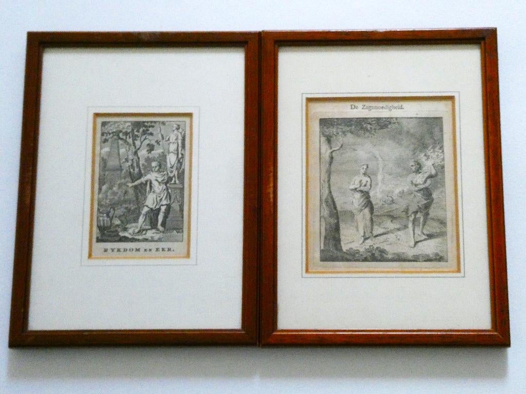 2 Etsen van De Zagtmoedigheid en Rykdom en Eer C.V.N. 1766, Dagelijks leven, Ingelijst, Ets, 19 cm