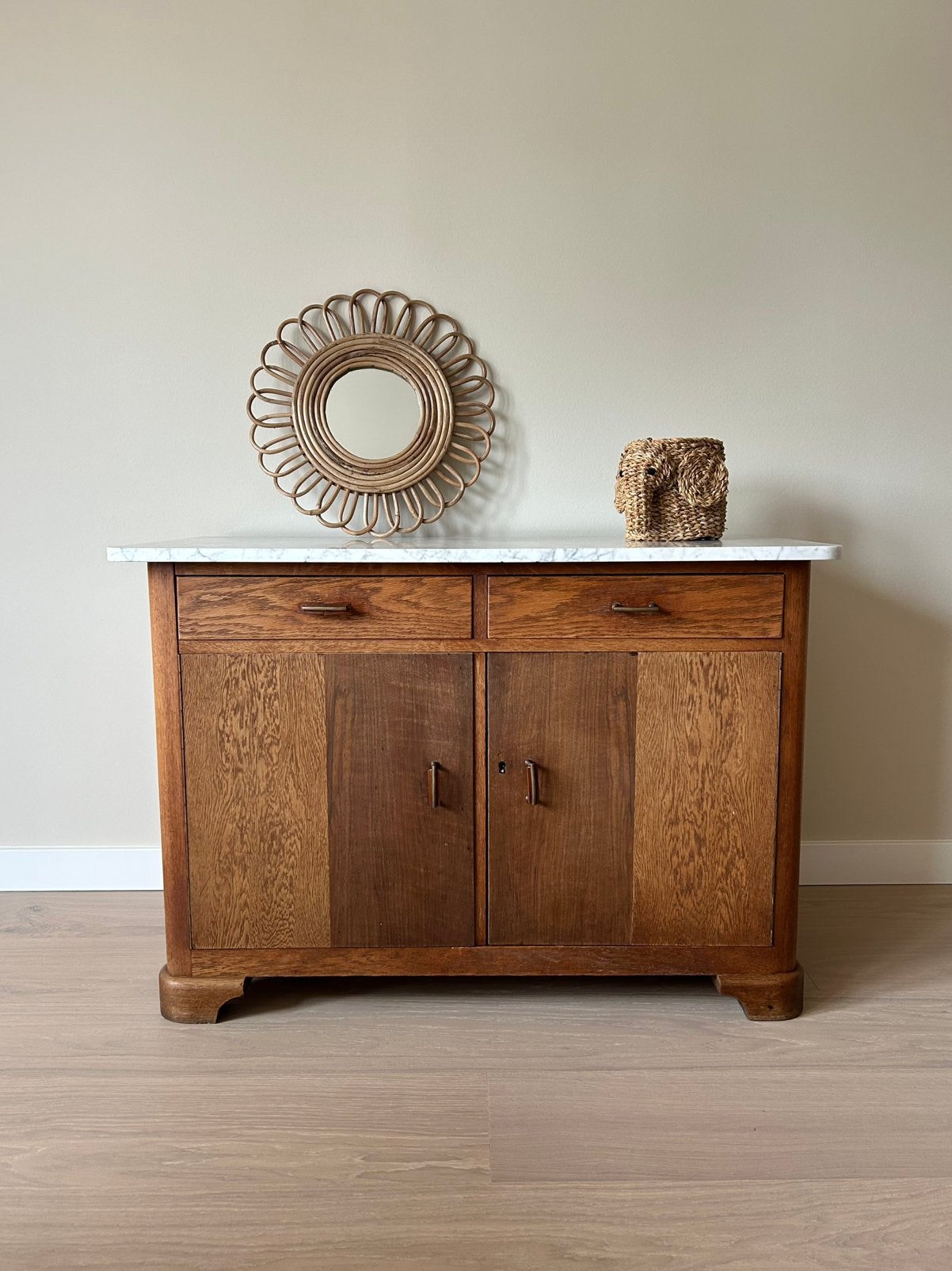 Commode met marmeren blad - dressoir vintage hout kast, Ophalen, Gebruikt, 100 tot 150 cm, Met deur(en)