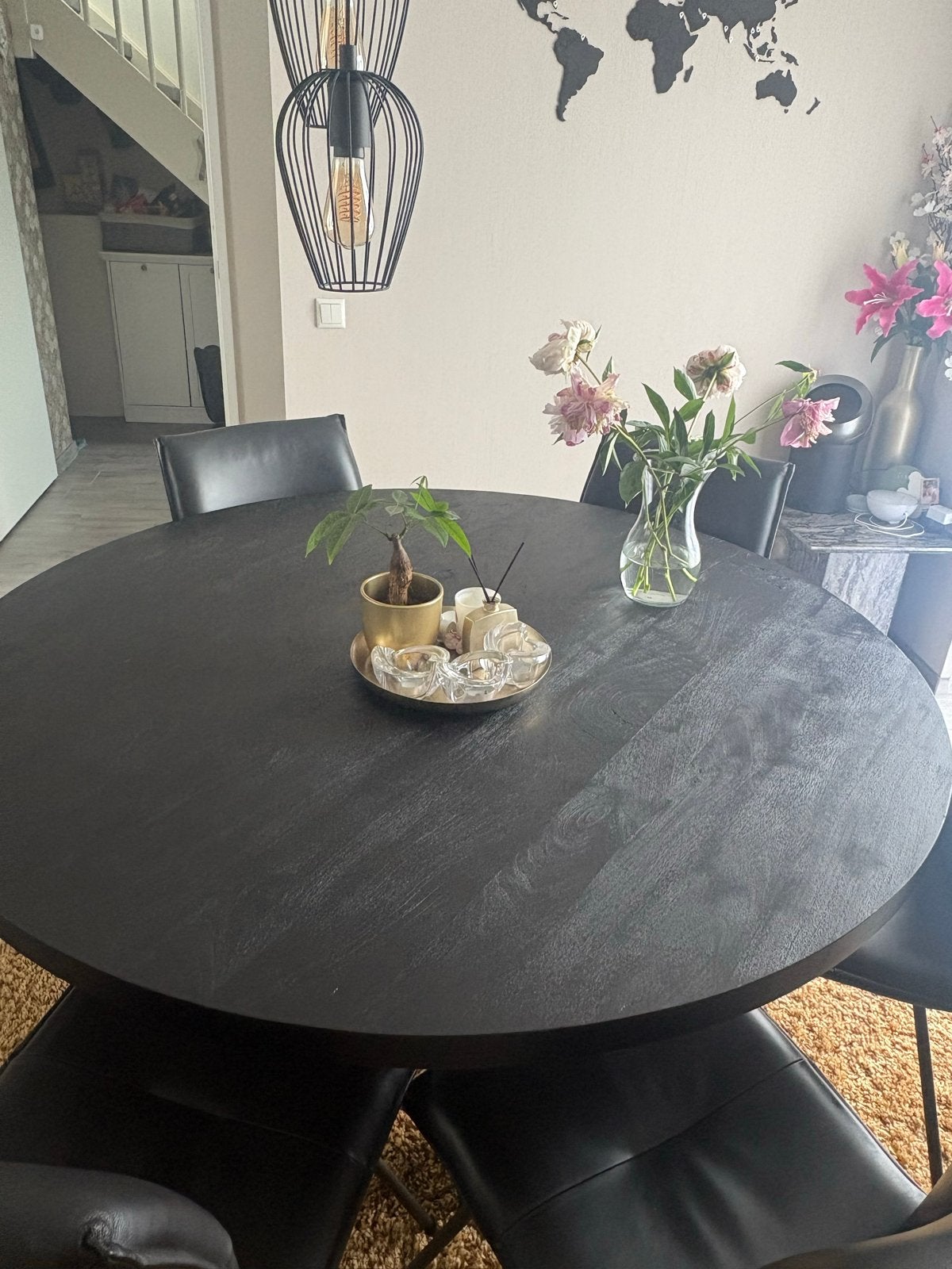 Ronde eettafel zwart met stalen onderstel, Gebruikt, 100 tot 150 cm, Rond, Ophalen of Verzenden