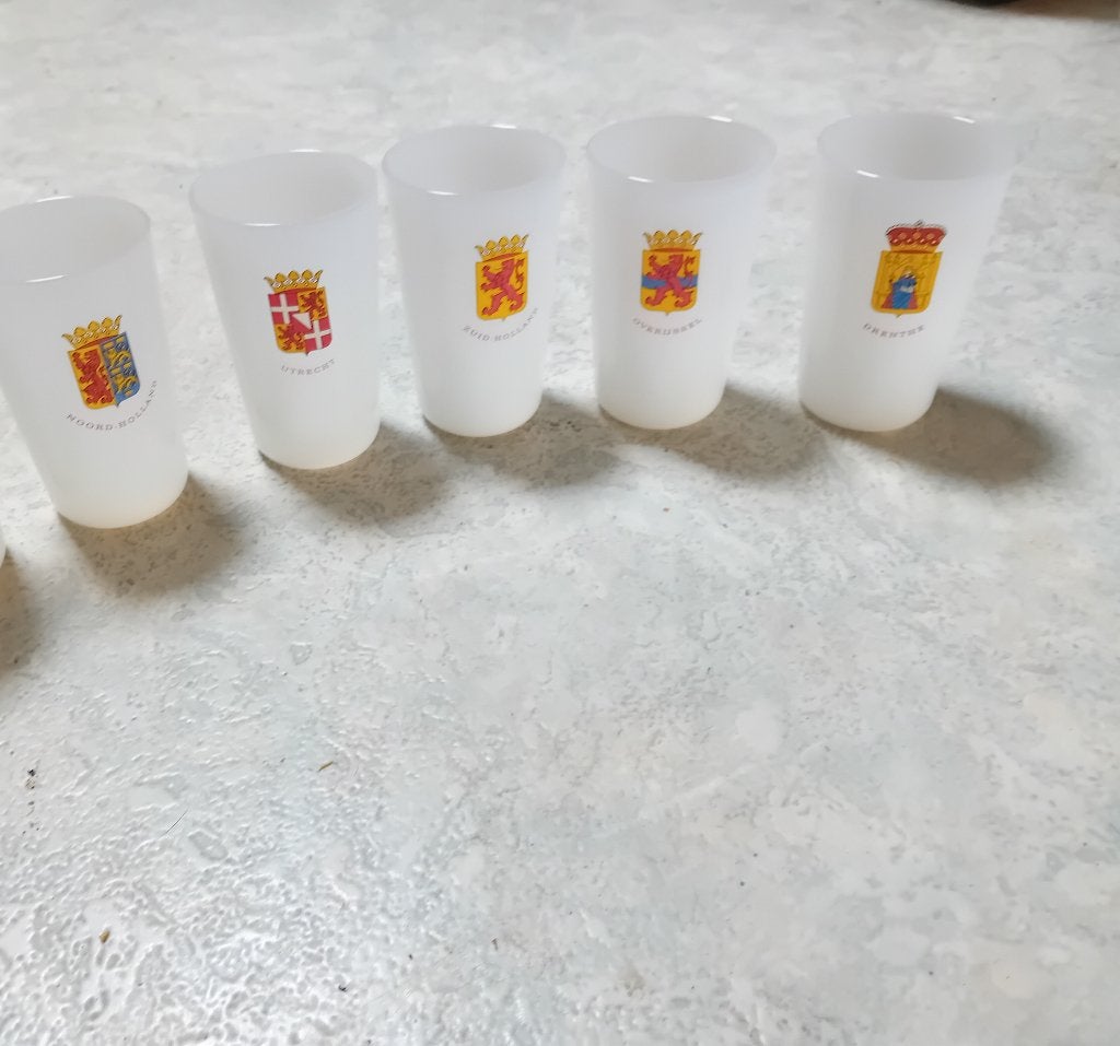 5 X melkglas beker met provincie wapen /beker/retro/glas, Glas of Glazen, Ophalen of Verzenden, Overige stijlen, Glas