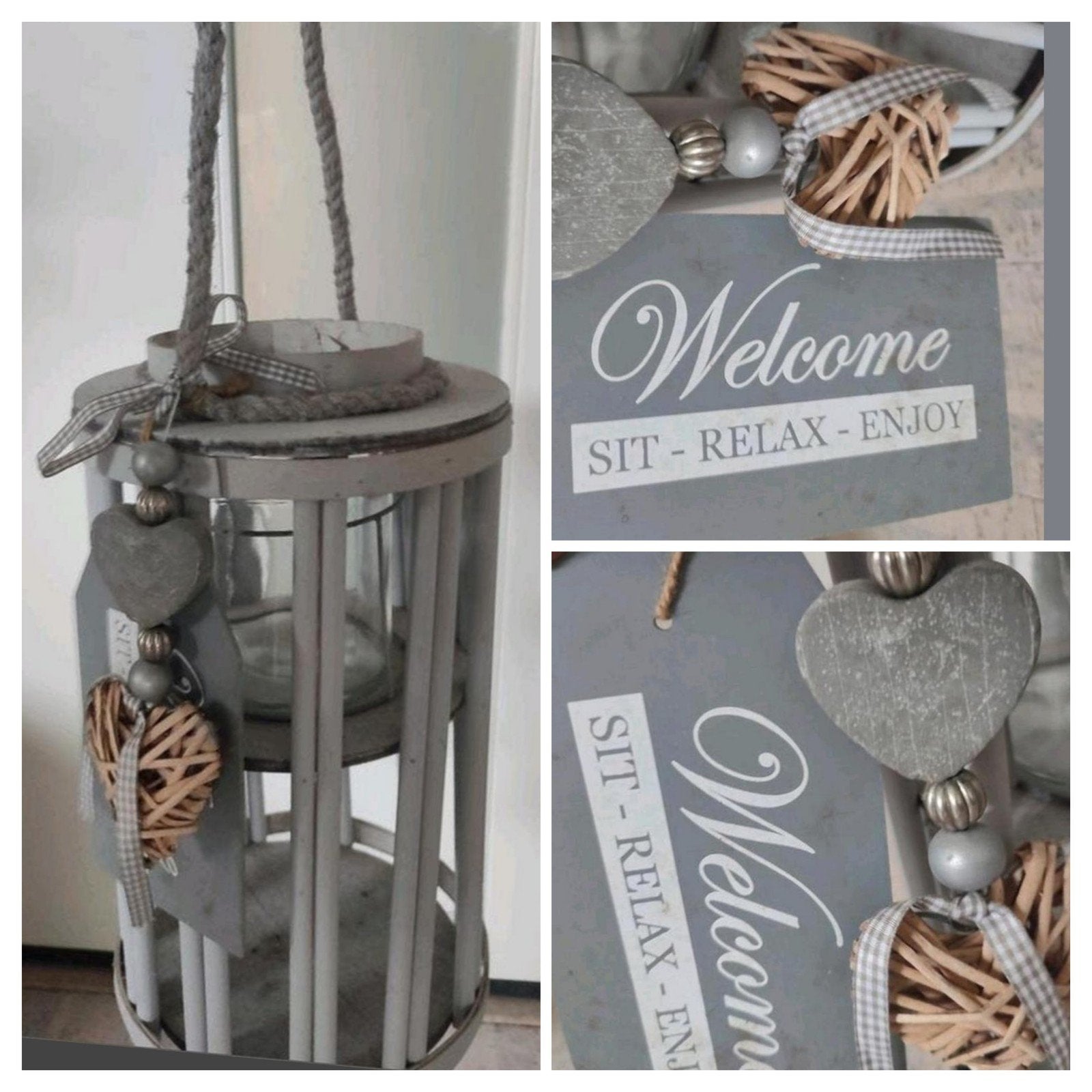 Brocante grijs houten windlicht  lantaarn + 2 hangers 40 cm, Huis en Inrichting, Woonaccessoires | Kandelaars en Kaarsen, 25 tot 50 cm