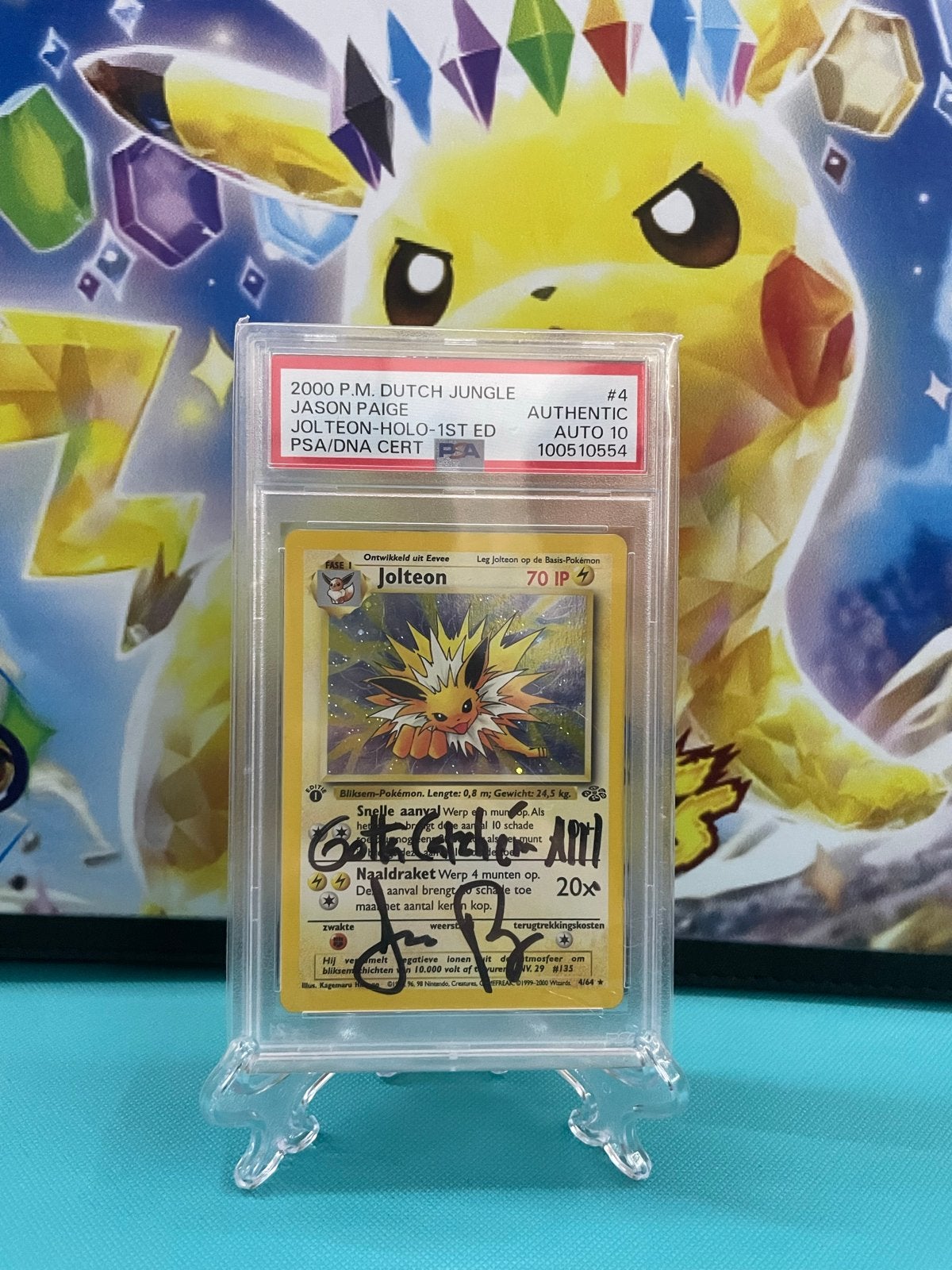 Jolteon Holo 1st Edition PSA 10 Gesigneerd Jason Paige, Hobby en Vrije tijd, Verzamelkaartspellen | Pokémon, Ophalen of Verzenden