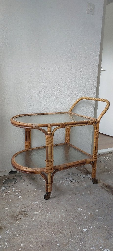 Vintage rotan serveerwagen met glazen platen, Antiek en Kunst, Ophalen