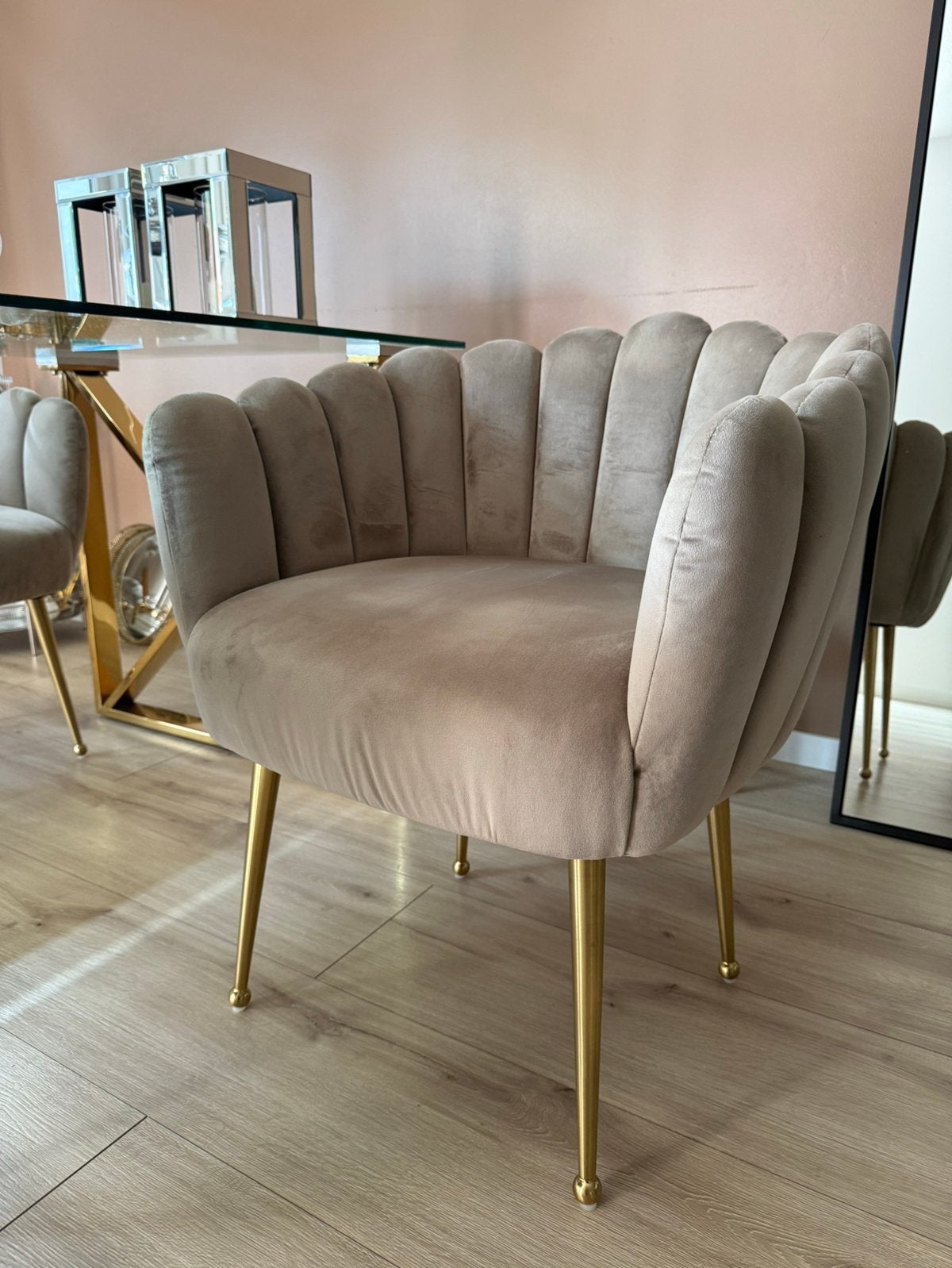 4x eetlamerstoelen velvet beige/goud (zgan), Overige kleuren, Richmond interiors velvet eetkamerstoelen, Ophalen of Verzenden
