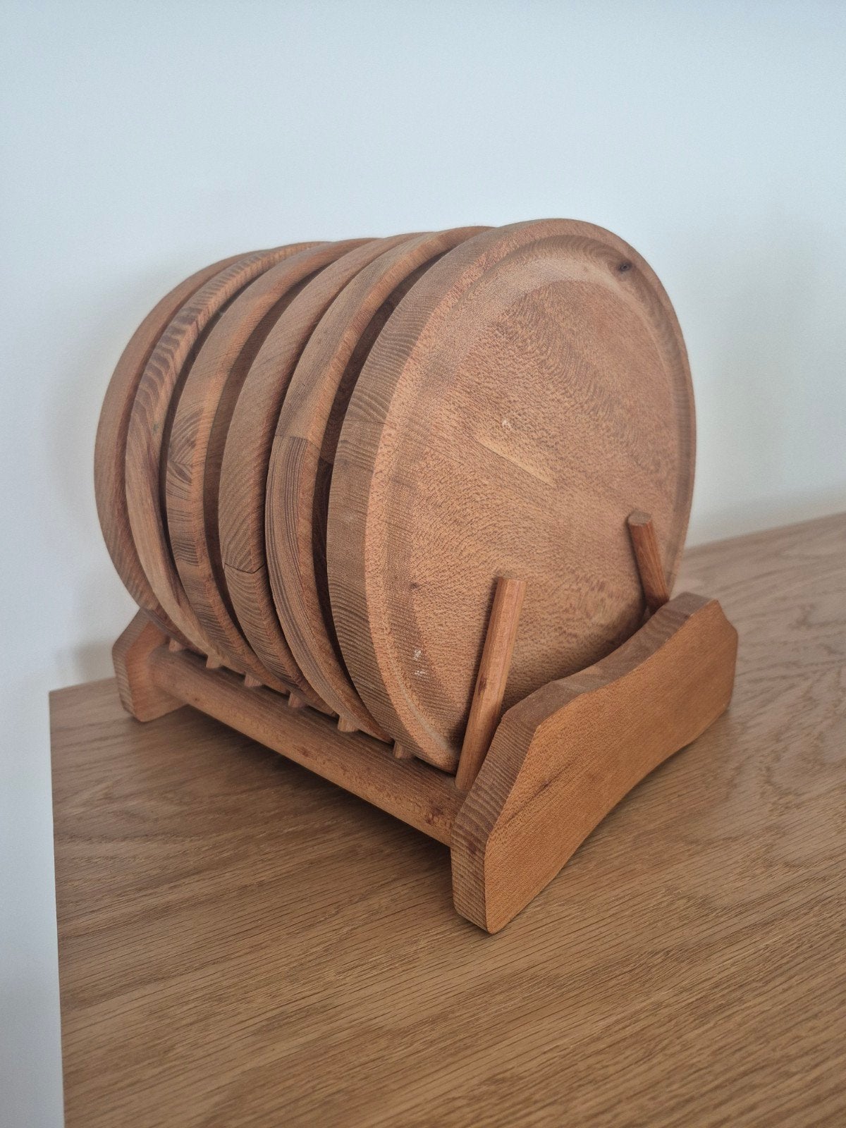 Set van 6 houten onderzetters met houder, Ophalen of Verzenden, Zo goed als nieuw, Rond, Hout