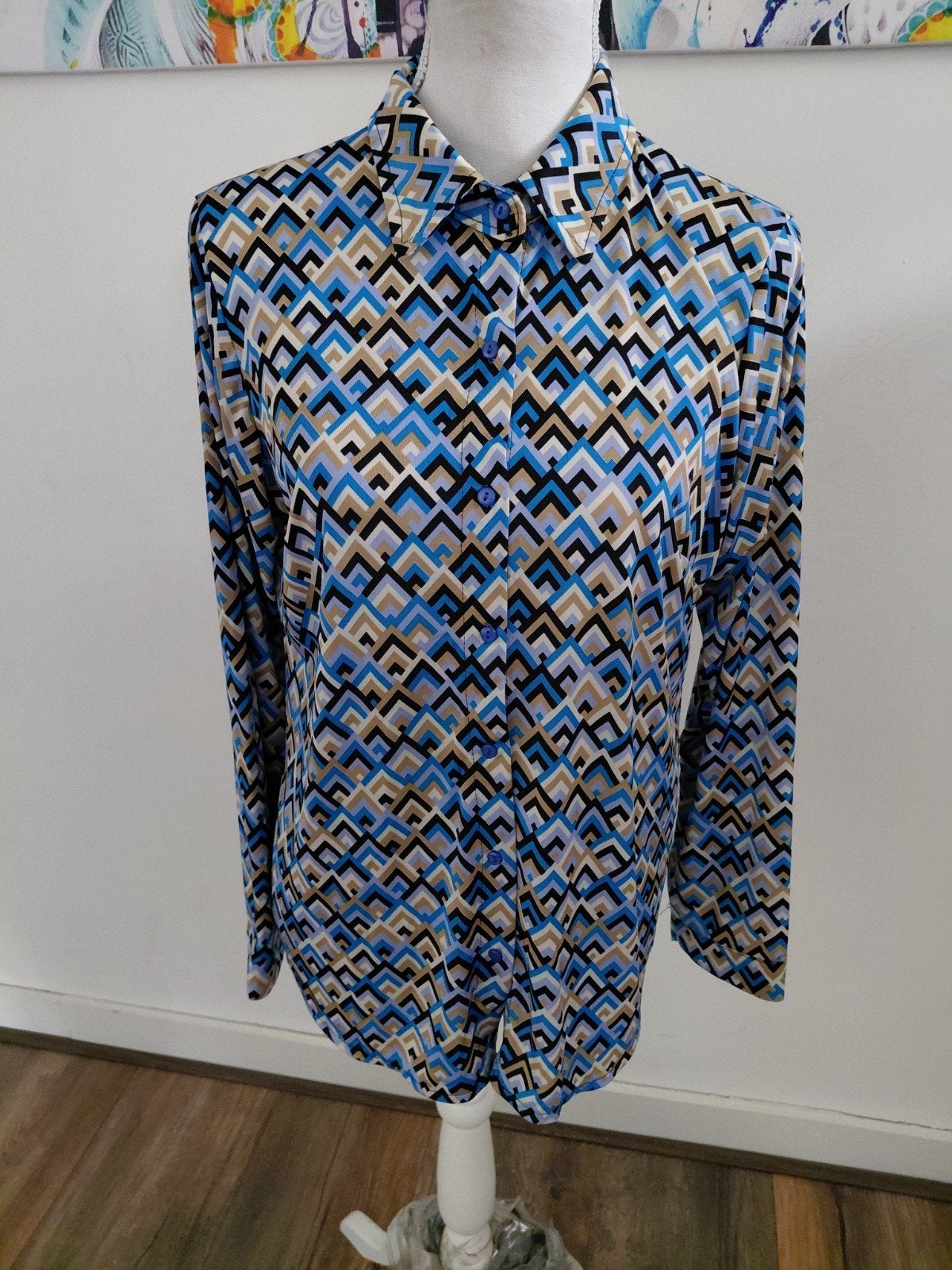 Chastar travelstof blouse L/XL -Prachtig geometrisch patroon, Meerkleurig, Chastar, Maat 46/48 (XL) of groter, Ophalen of Verzenden