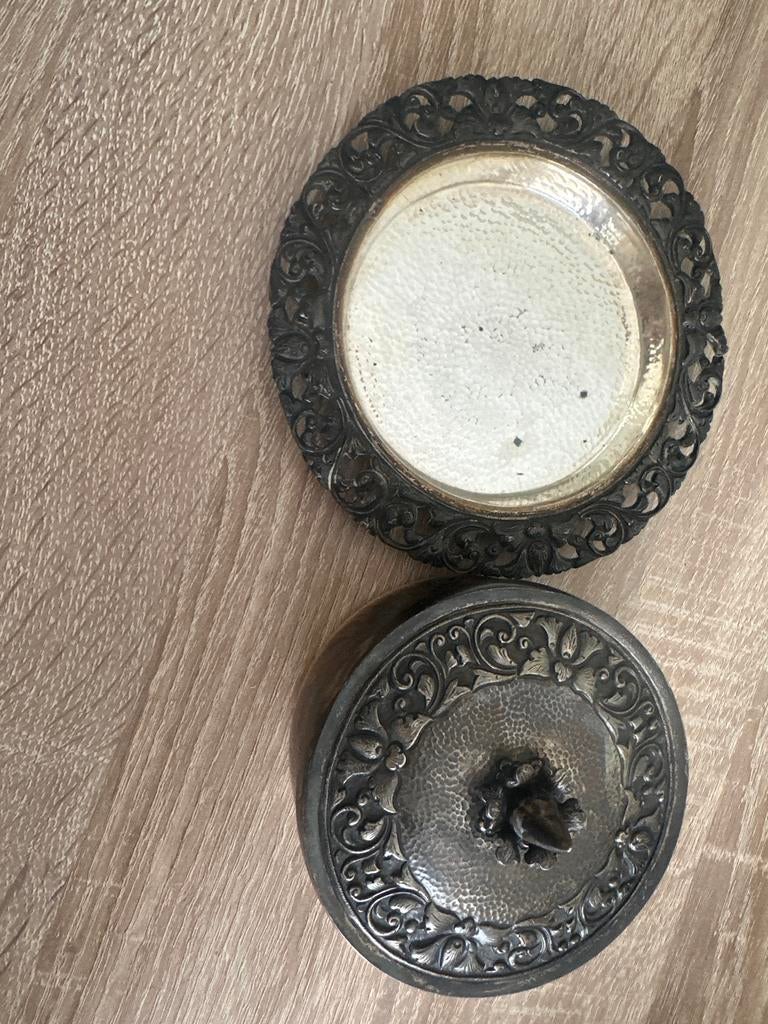 Antieke zilverkleurige doos met deksel en schaaltje, Antiek en Kunst, Ophalen of Verzenden
