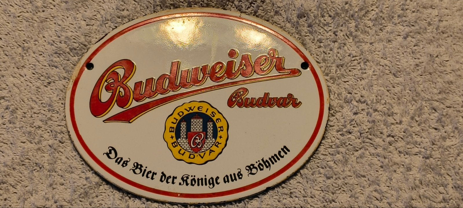 Oude emaille reclamebord Budweiser, Verzamelen, Ophalen, Gebruikt, Reclamebord