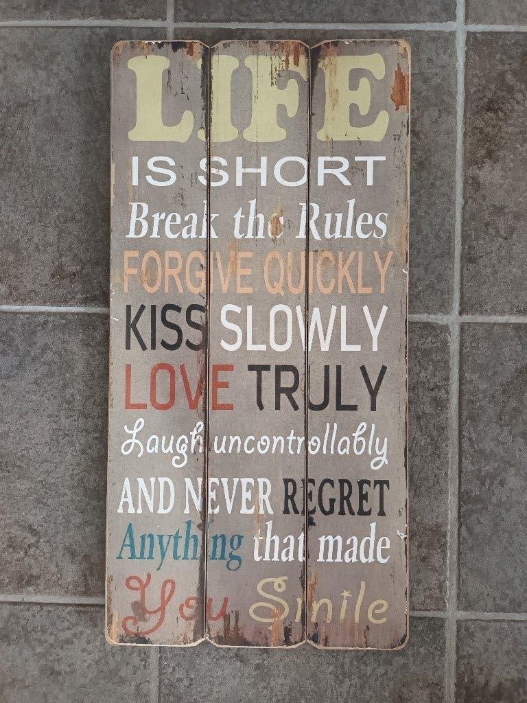 Houten tekstbord tekst bord life is short ong 30 x 60 cm, Huis en Inrichting, Ophalen of Verzenden, Gebruikt