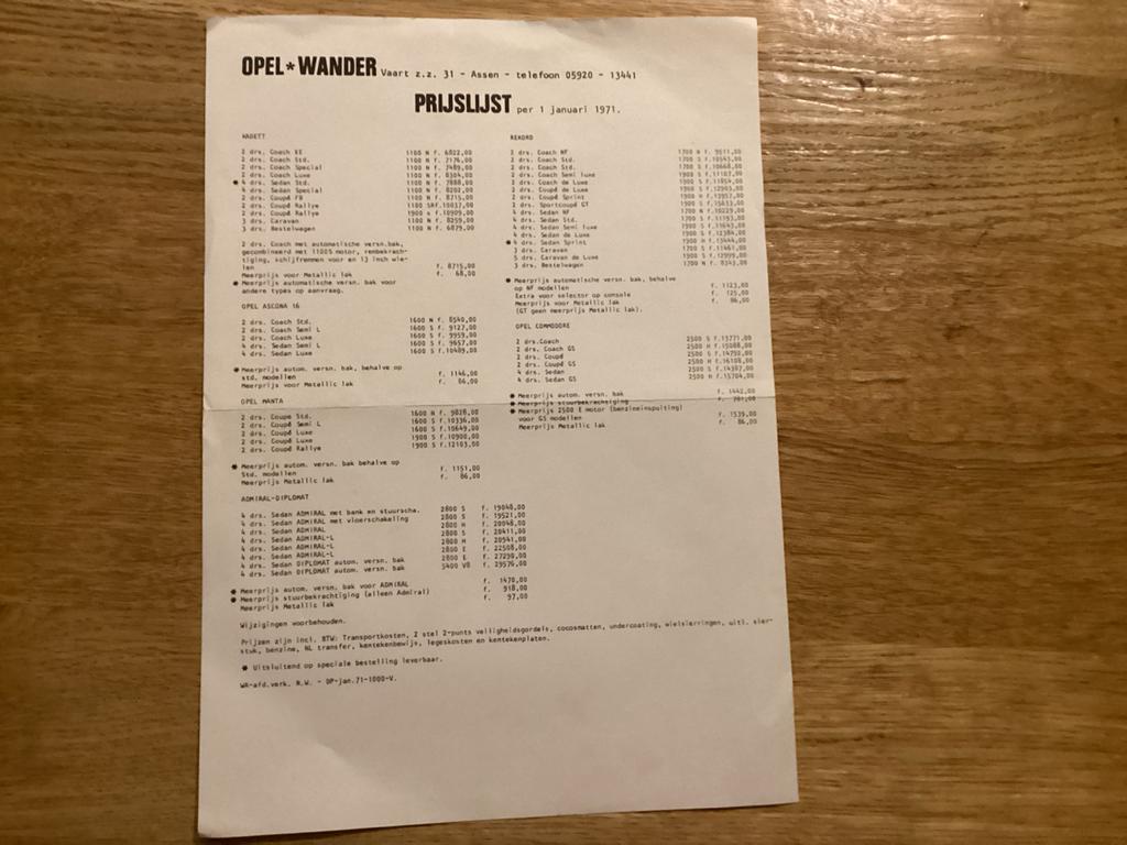 Originele Opel Prijscourant 1971 - Zeldzaam Document, Ophalen of Verzenden, Gelezen, Opel