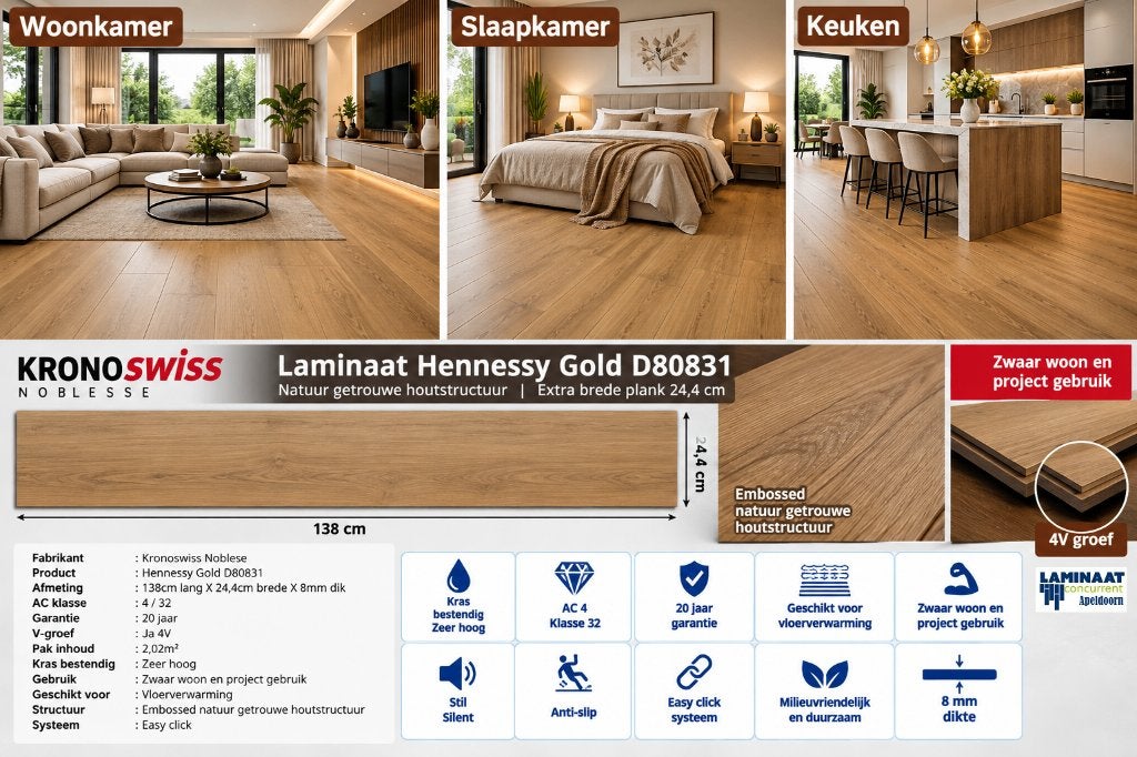 Laminaat Hennessy Gold 8mm dik 24cm brede €13,95p/m2, XL Laminaat 24cm breed - Warme Natuur eiken, Bruin, 75 m² of meer, Nieuw