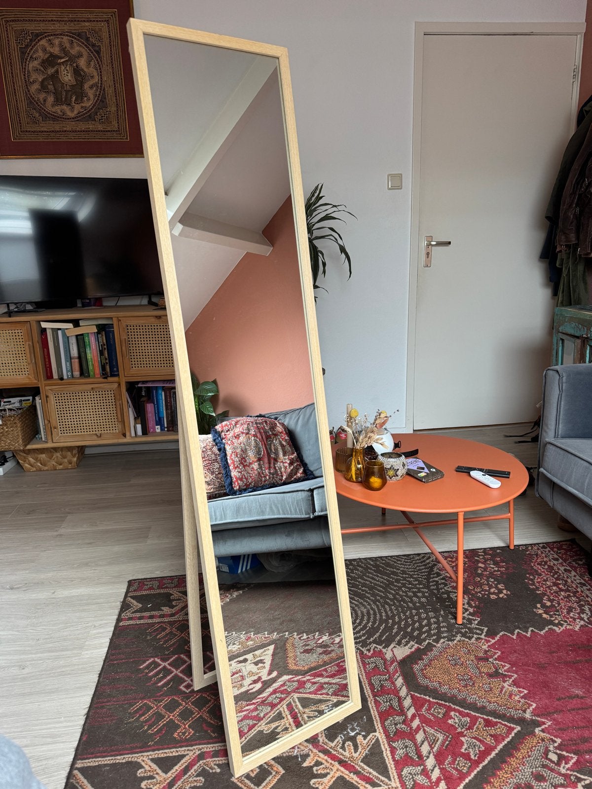 Grote passpiegel met houten frame, Ophalen, Zo goed als nieuw, 150 tot 200 cm, Rechthoekig
