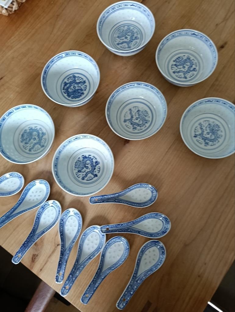 Chinese rijstkom met lepel vitage., Ophalen of Verzenden