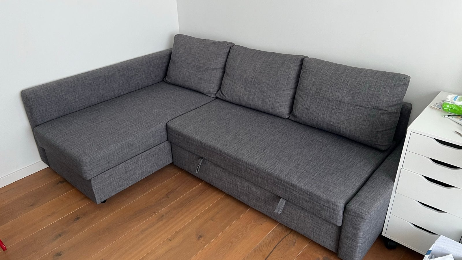 Ikea Friheten slaapbank met opbergruimte - donkergrijs, Ophalen, Hoekbank, Driepersoons, Zo goed als nieuw