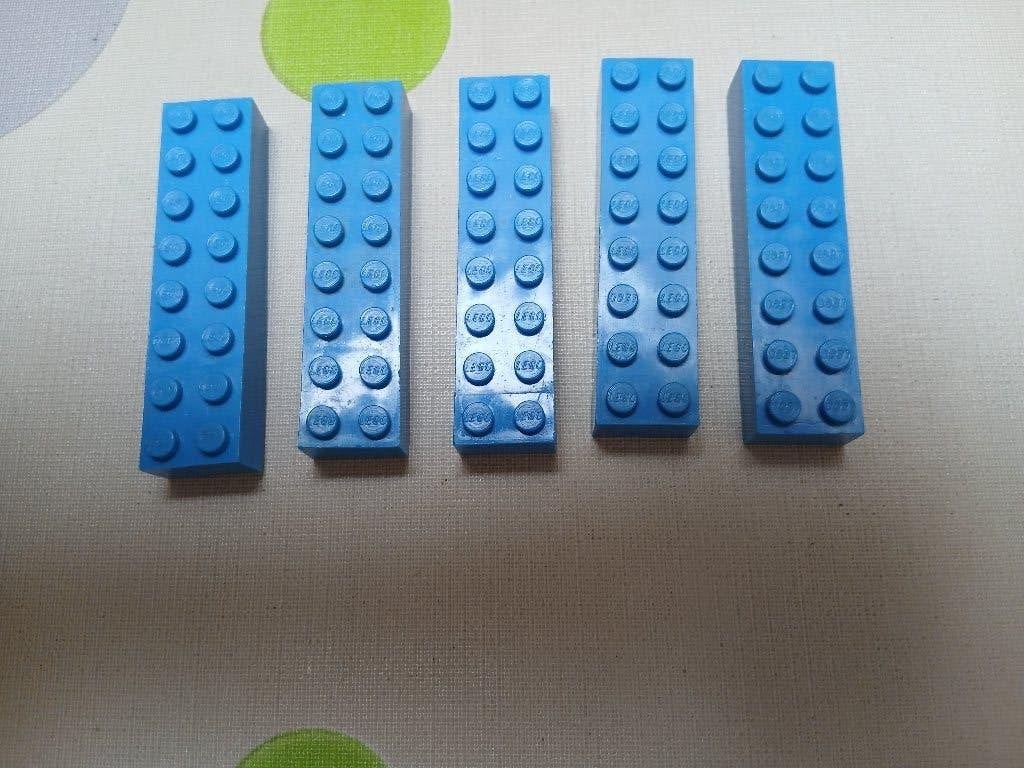 Vijf blauwe Lego stenen 2x8 uit 1956 ZELDZAAM vintage, Gebruikt, Overige thema's, Lego, Ophalen of Verzenden