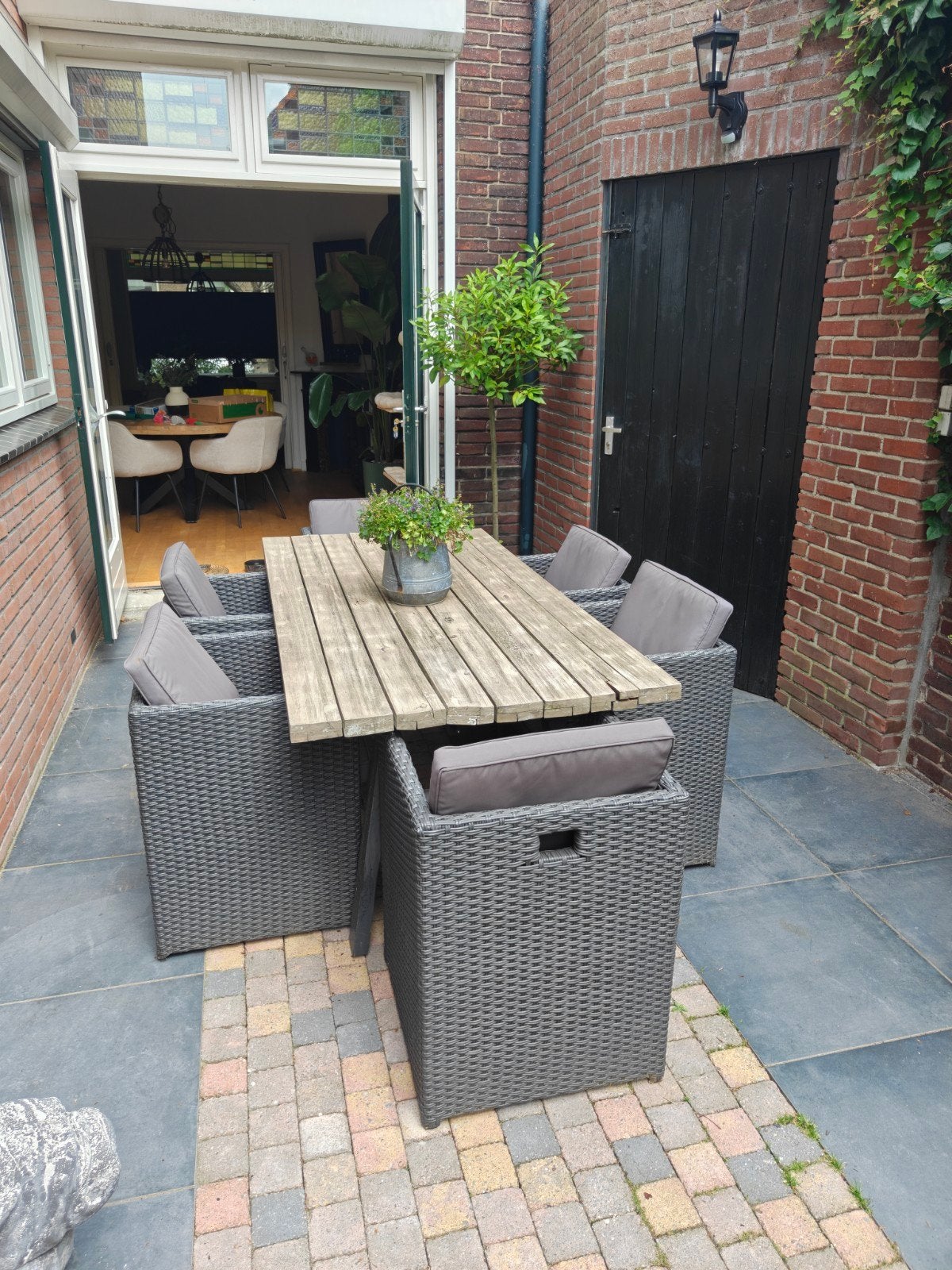 Tuinset met 6 stoelen en houten tafel, Tuin en Terras, Tuinsets en Loungesets, Gebruikt, Tuinset, Hout, 6 zitplaatsen, Eettafel