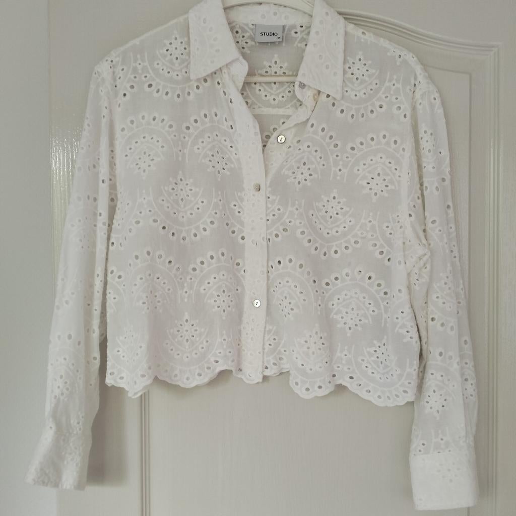 Only blouse wit broderie mt s nieuw lange mouwen, Only.M., Wit, Nieuw, Ophalen of Verzenden