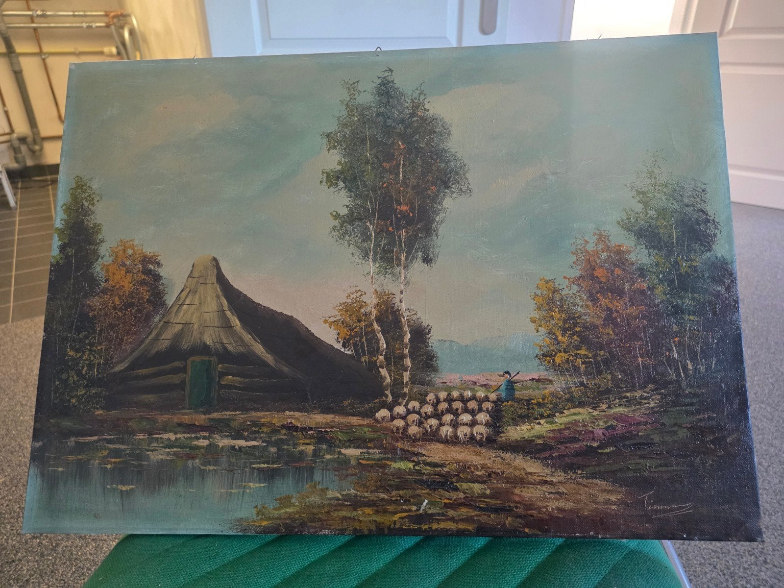 klassiek Olieverfschilderij Landschap met Schaapskooi, Antiek en Kunst, Ophalen of Verzenden