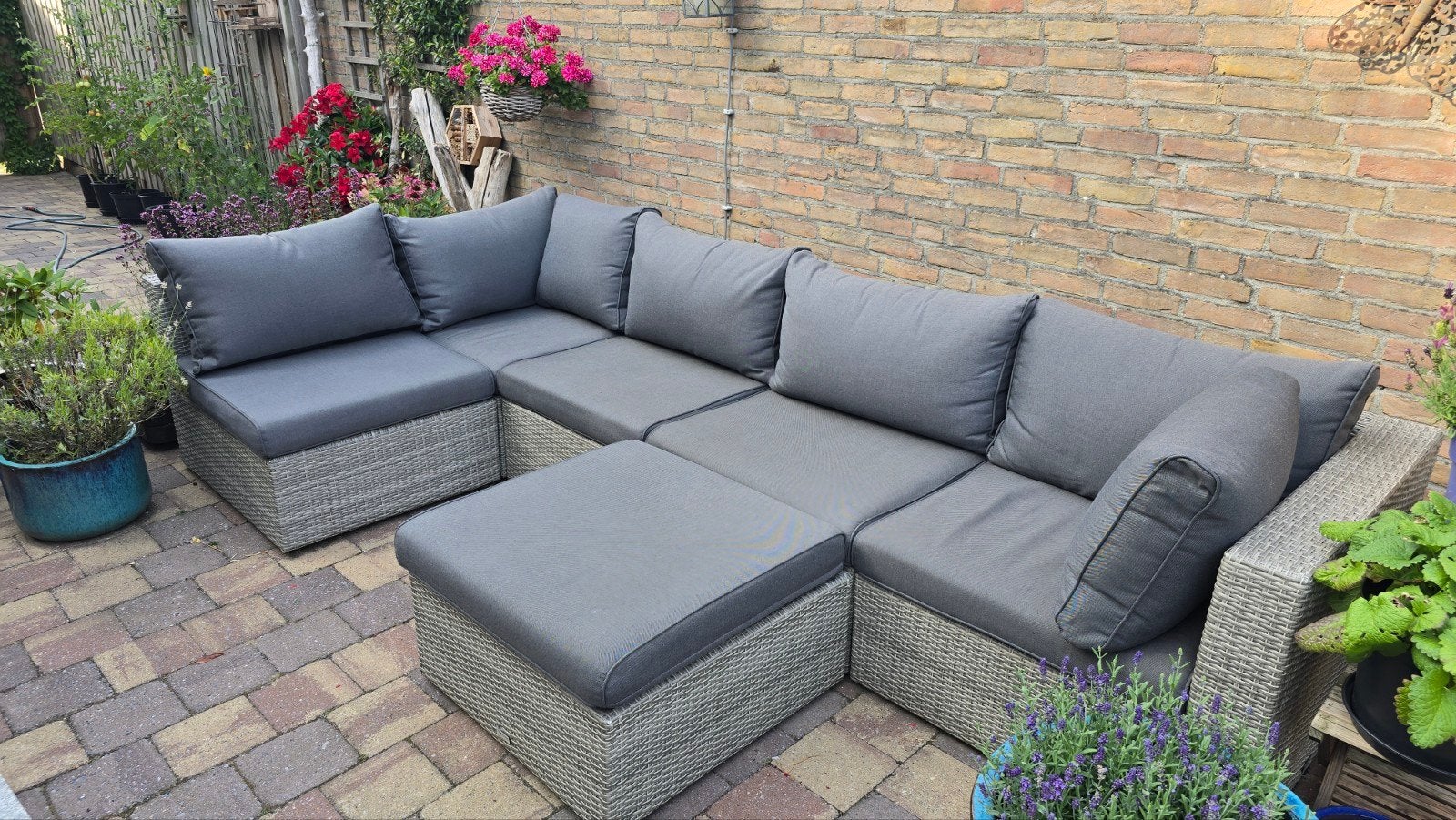 Heerlijke grote modulaire loungeset incl NIEUWE kussens, Ophalen, Gebruikt, Bank, 6 zitplaatsen