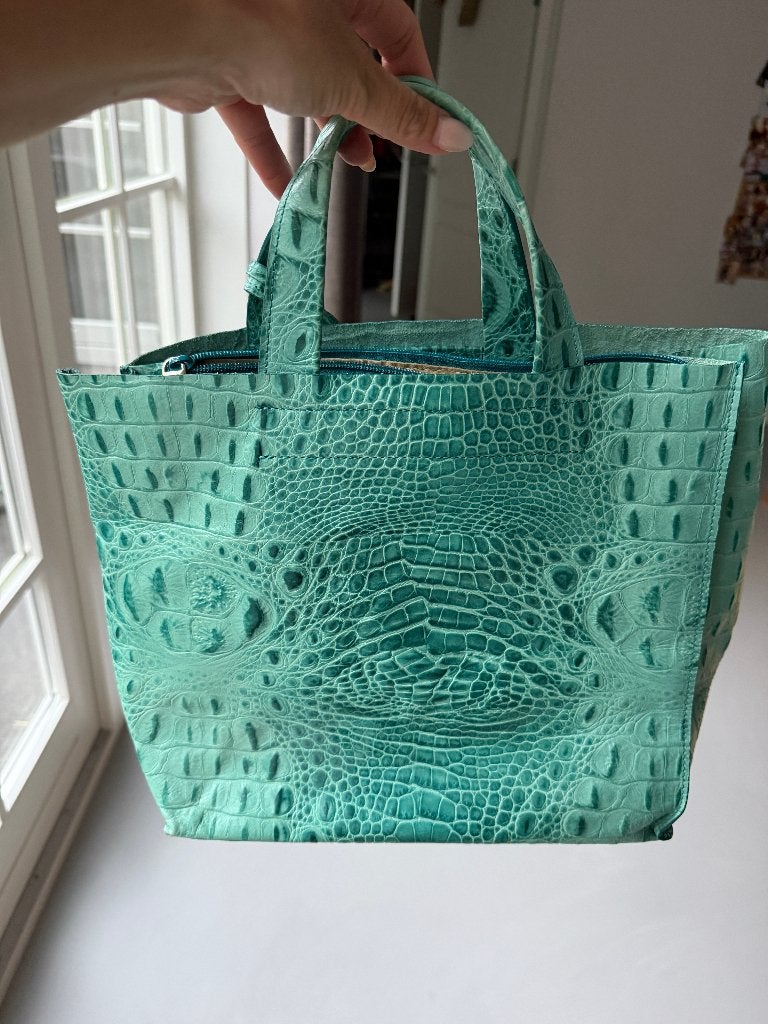 Furla Divide It Croc Embossed leren tas turquoise – zgan, Ophalen of Verzenden, Zo goed als nieuw, Overige kleuren, Overige typen