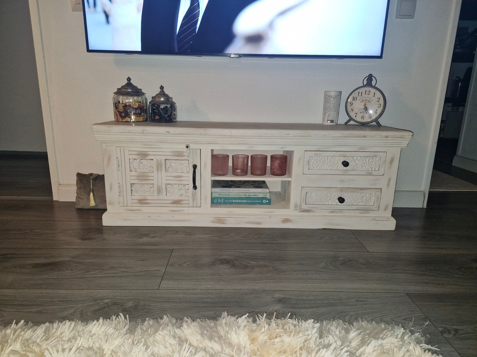 TV meubel van mangohout - 120x30x40cm wit, Ophalen, Gebruikt, 100 tot 150 cm, Modern Landelijk