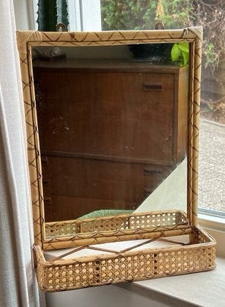 Vintage rotan spiegel met bamboe bakje - Boho stijl, Ophalen, Minder dan 50 cm, Gebruikt, Minder dan 100 cm
