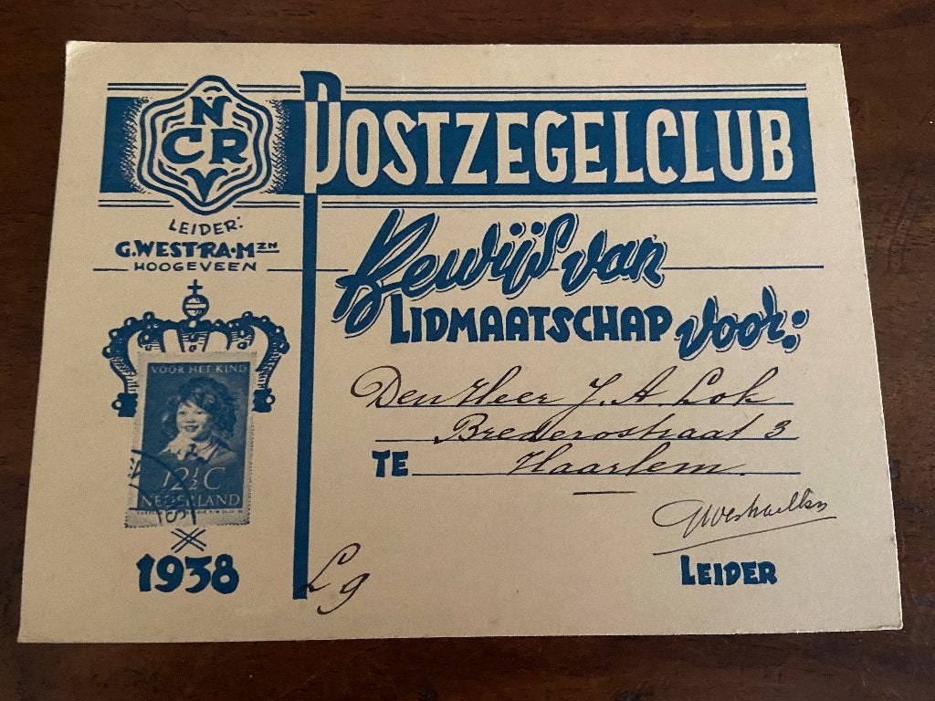 NCRV   1938 Postzegzelclub bewijs van lidmaatschap., Ophalen of Verzenden, Gebruikt, Tv, Foto of Kaart