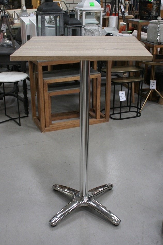 Vierkante bartafel statafel aluminium houtlook horeca 9x, Ophalen, 60 tot 90 cm, Zo goed als nieuw, 1 kruk
