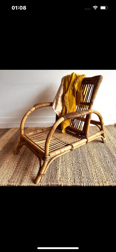 Vintage design bamboe rotan fauteuil, Huis en Inrichting, Fauteuils, Ophalen, Gebruikt, Minder dan 75 cm, 50 tot 75 cm