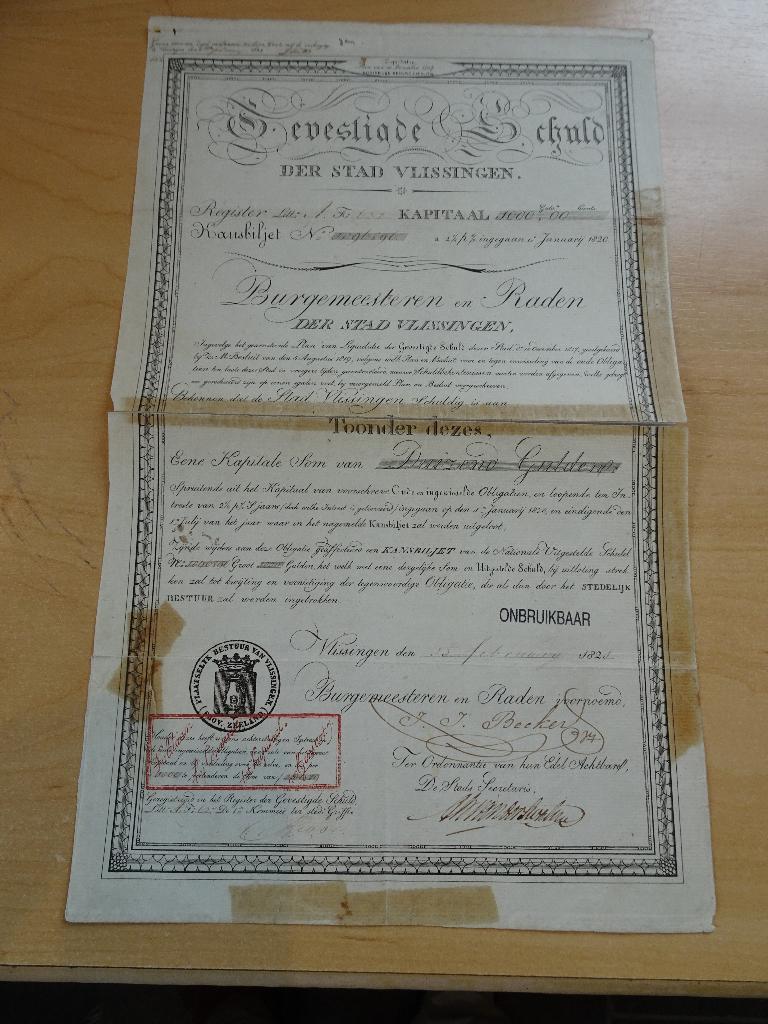 Kasbiljet Gevestigde Schuld der Stad Vlissingen. 1821 !!!!, Ophalen of Verzenden, Obligatie of Lening