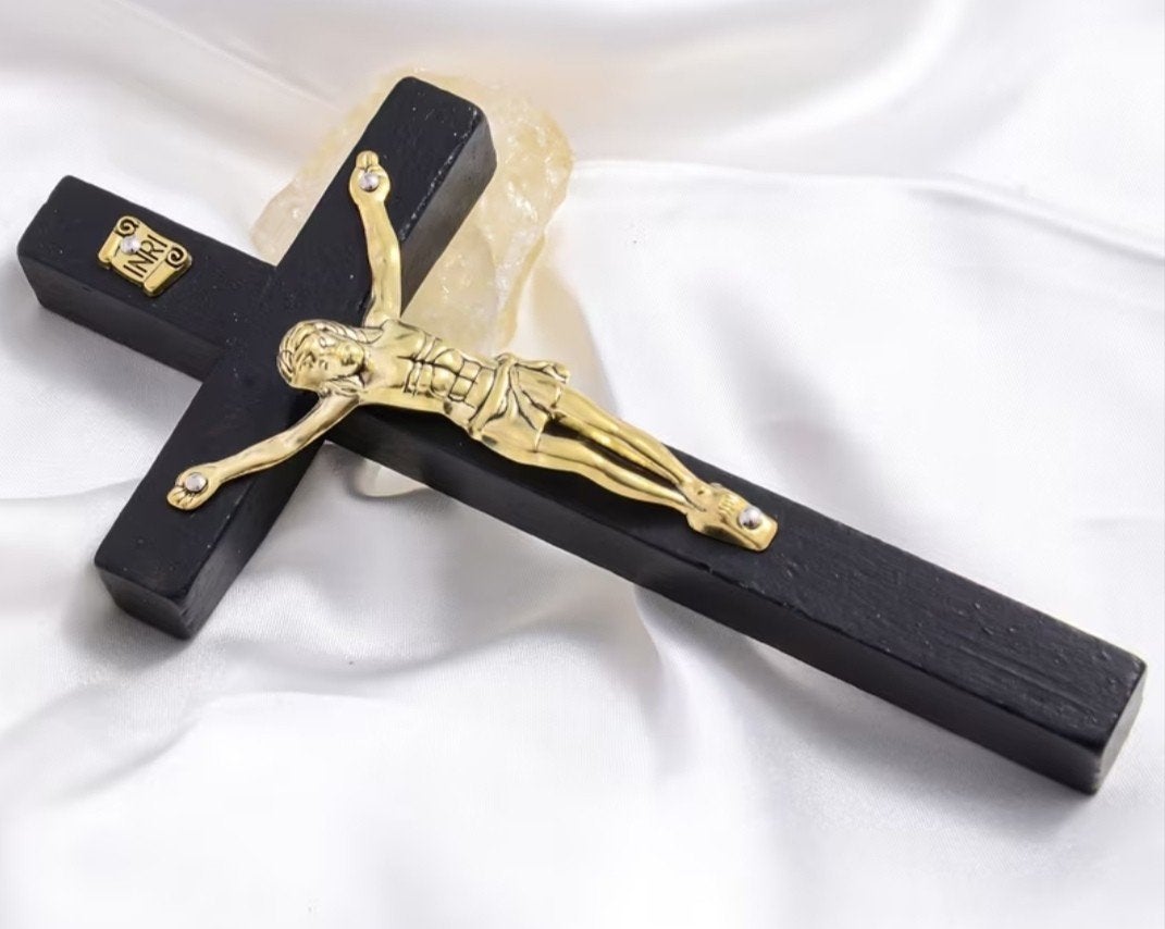 Prachtig Zwart Goudkleurig Religieuz Jezus Kruis, Antiek en Kunst, Ophalen of Verzenden