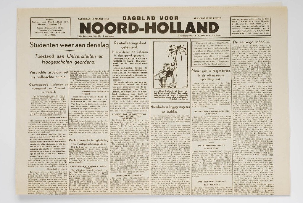 Dagblad voor Noord-Holland 13 maart 1943 Krant Heruitgave, Verzamelen, Zo goed als nieuw, Verzenden, Amsterdam, Overige soorten