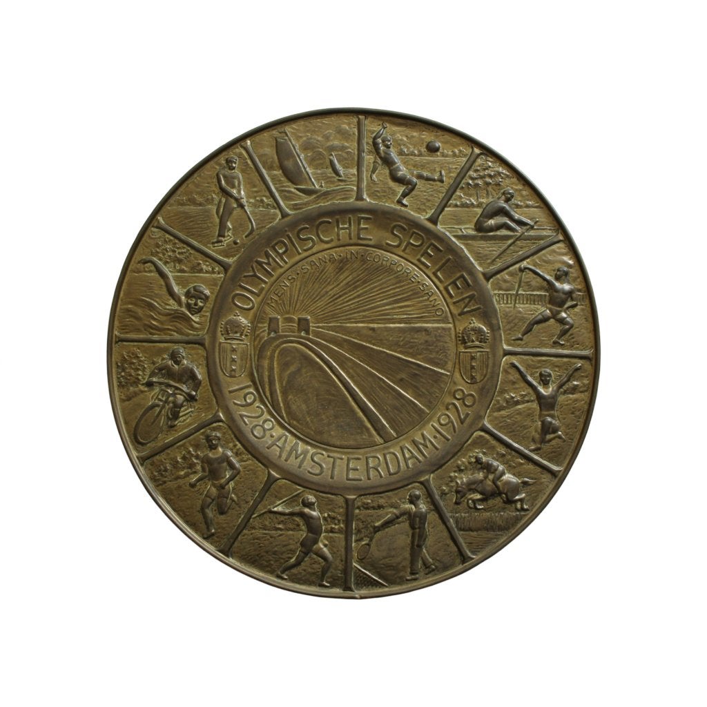 KOPEREN WANDBORD OLYMPISCHE ZOMERSPELEN AMSTERDAM 1928, Ophalen of Verzenden