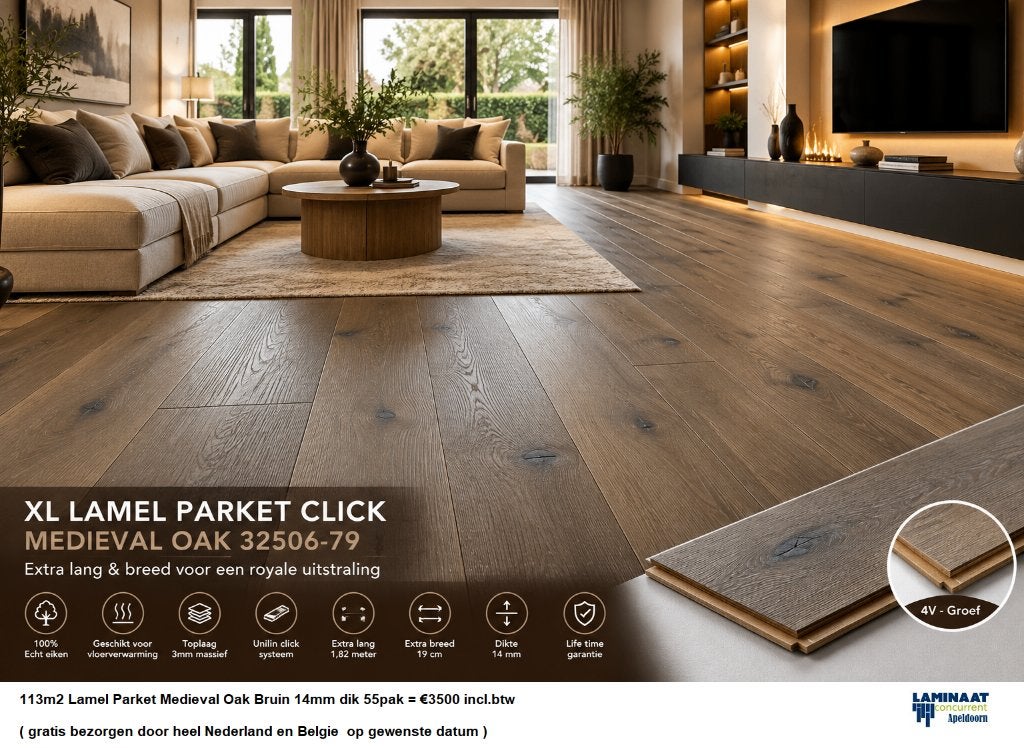 113m2 Lamel Parket Medieval Oak Bruin 14mm dik 55pak= €3500, Parket, Bruin, 75 m² of meer, Lamel Parket bruin met click - vooraf geolied