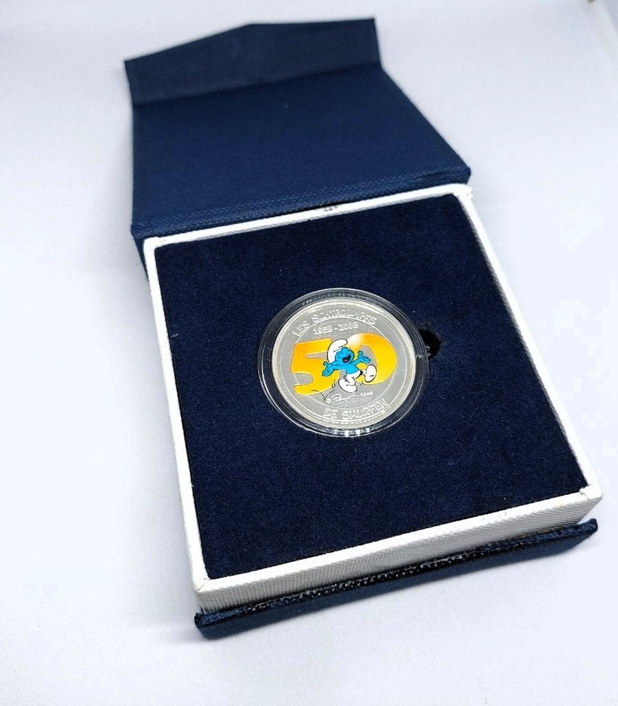 Gekleurde 5 euro munt 50 jaar smurfen 2008 Belgïe KMR, Zilver, Ophalen of Verzenden, Losse munt, Zilver