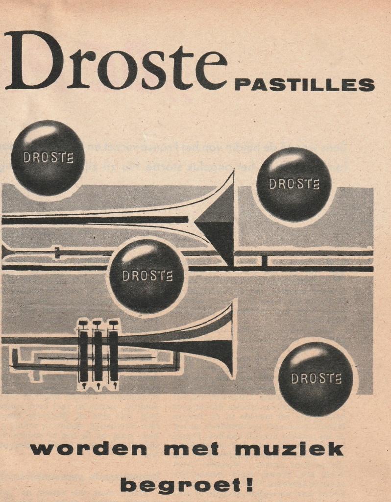 Retro reclame 1957 Droste chocola muziekinstrument groet, Verzenden, Overige typen
