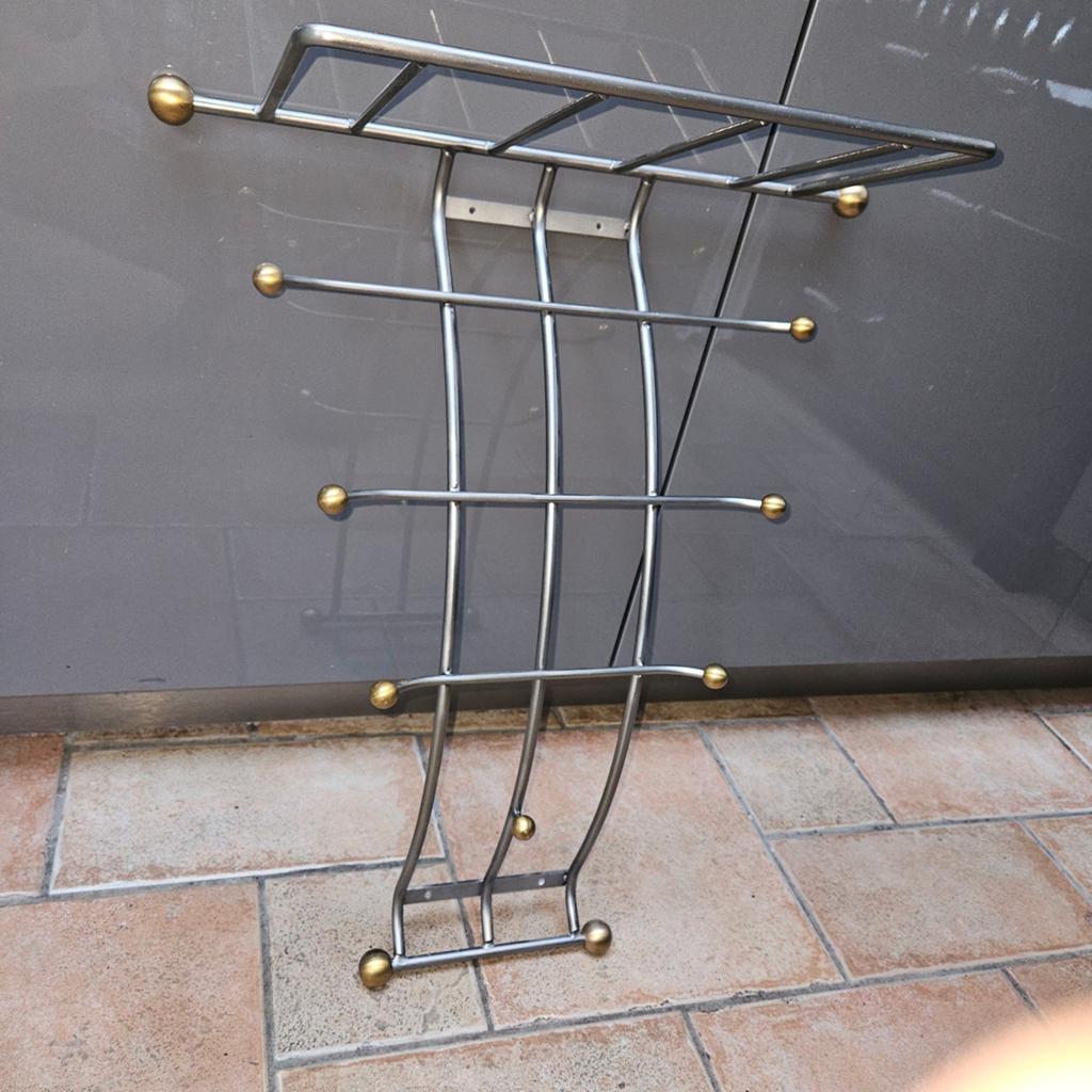 Vintage retro Metalen kapstok met plank en messing details, Huis en Inrichting, Woonaccessoires | Kapstokken, Wandkapstok, Gebruikt