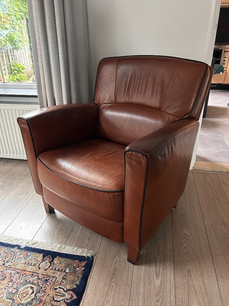 Leren fauteuil - Cognac kleurig, Ophalen, Gebruikt, Klassiek, 75 tot 100 cm