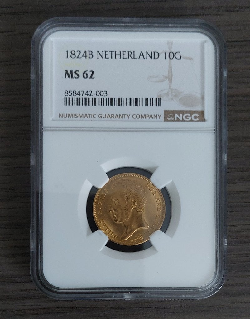 10 gulden 1824 Br in slab NGC MS 62, Ophalen of Verzenden, Koning Willem I, 10 gulden, Goud