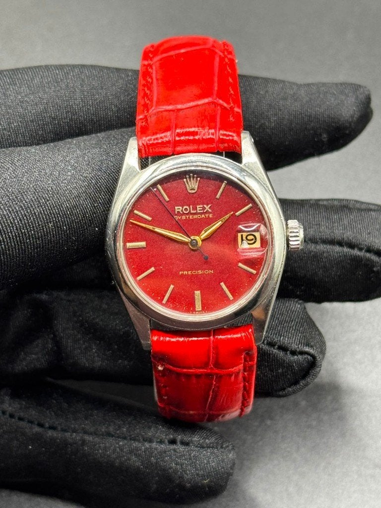 Vintage Rolex Oysterdate Precision Dameshorloge Rood, Leer, Verzenden, Polshorloge, Zo goed als nieuw