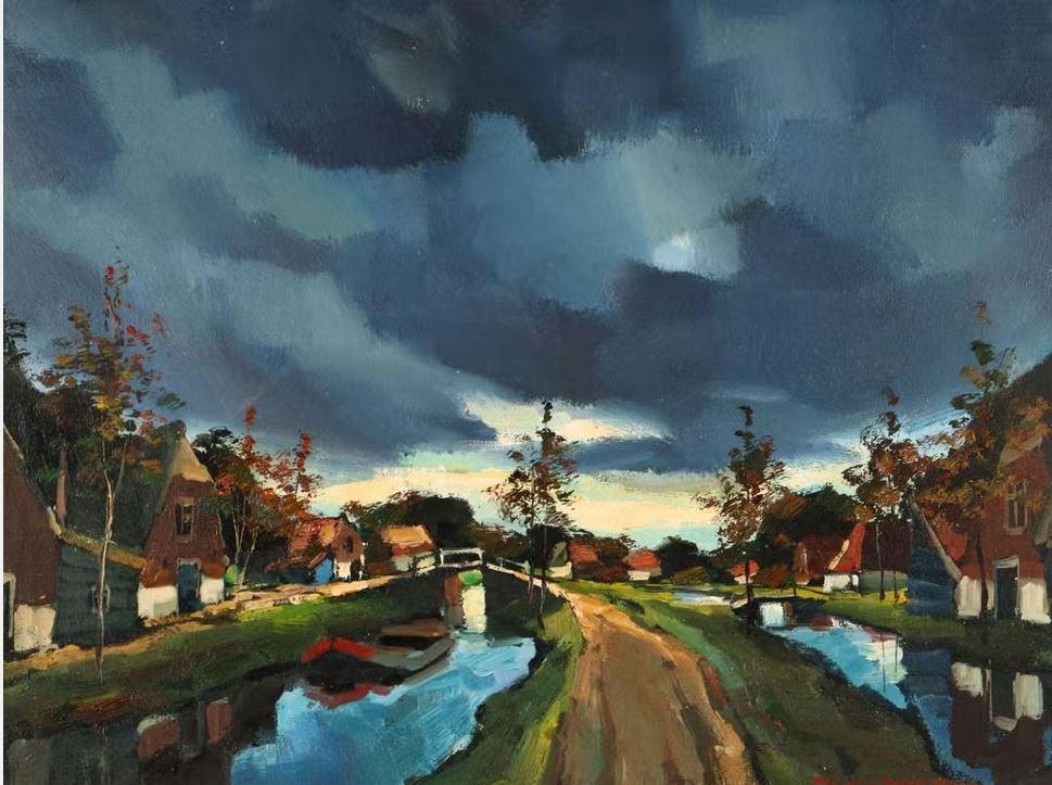 Toon Koster (1913) Olieverf Board "Dorp aan 2 Rivieren " Ges, Ophalen of Verzenden