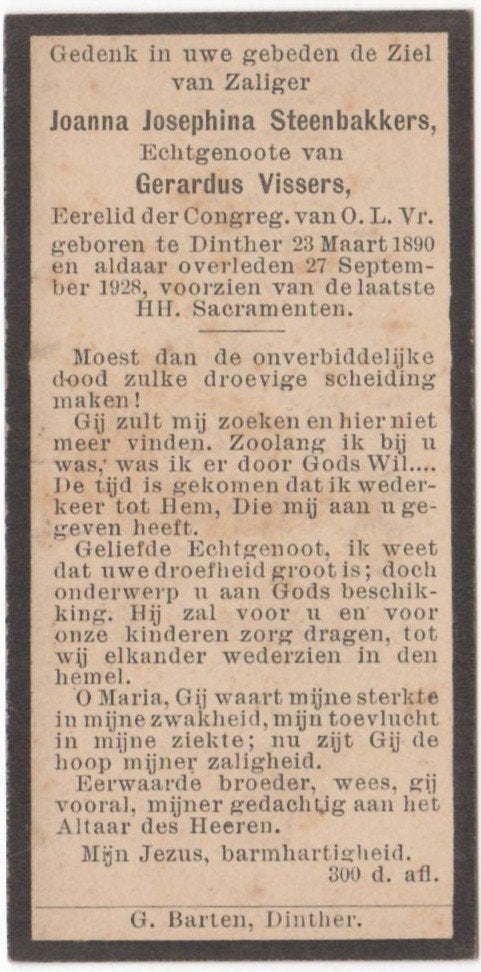 Joanna J. Steenbakkers 1890 Dinther + 1928 Dinther, 38 jaar, Ophalen of Verzenden